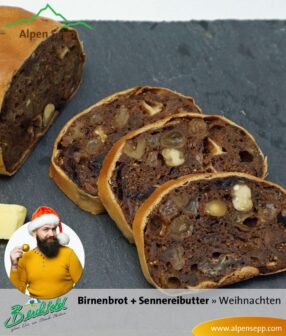 Birnenbrot mit Sennerei Butter im Weihnachtsset